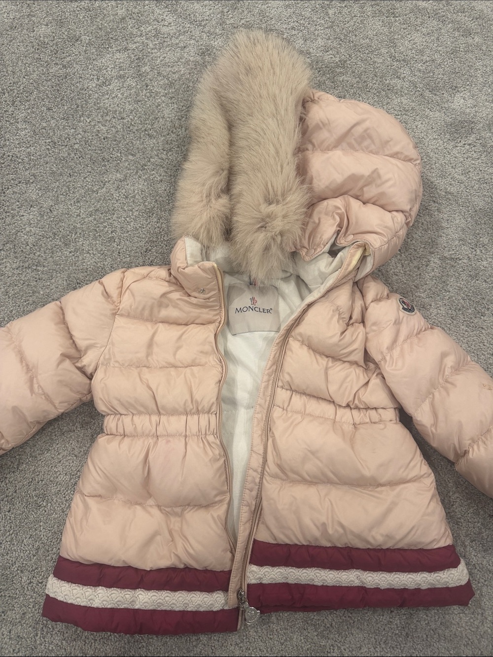 Moncler Girls' Pink Puffer Jacket with Faux Fur Hood